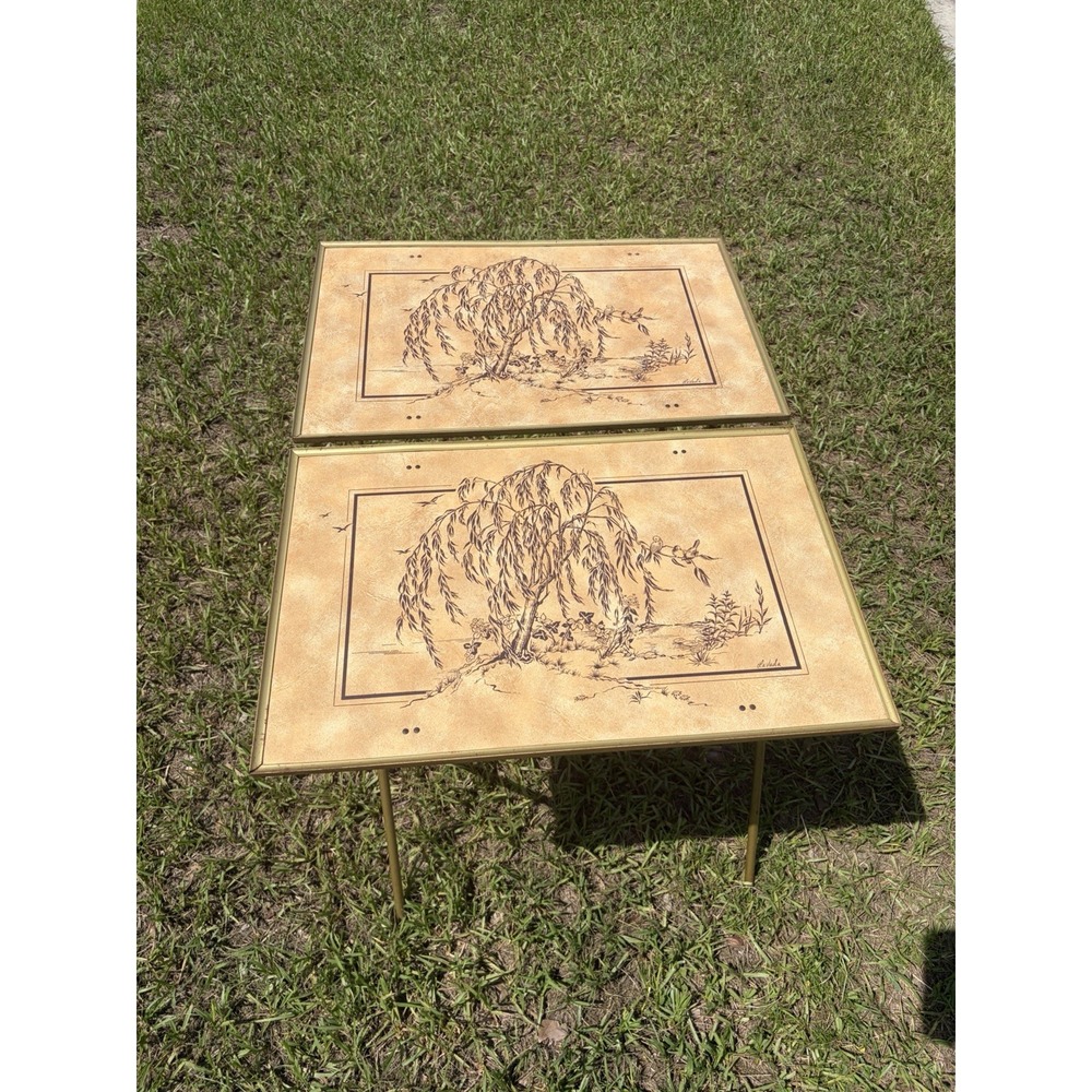 Vtg Lavada Weeping Willow Trees Mid Century Metal Tv Tray Tables Stands Set of 2